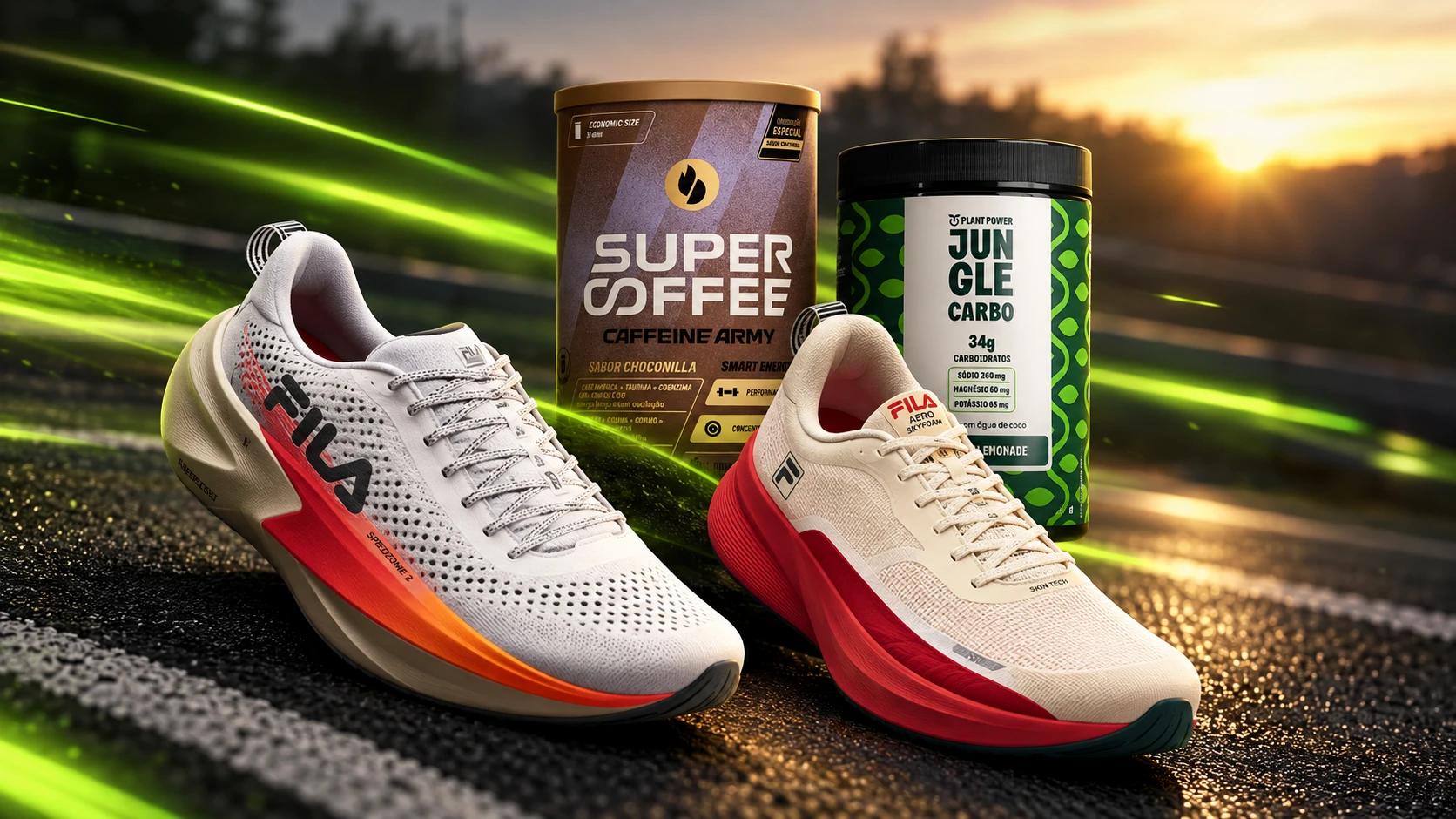 Os prêmios do desafio: tênis Fila Speedzone 2 e Fila Aero Skyfoam (1º lugar, à escolha), Supercoffee Caffeine Army (2º lugar) e Jungle (3º lugar)