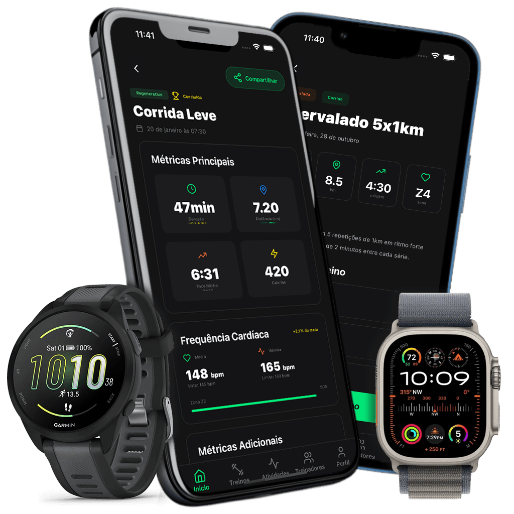 App ZSafe no iPhone, com treinos sincronizados no relógio Garmin e no Apple Watch